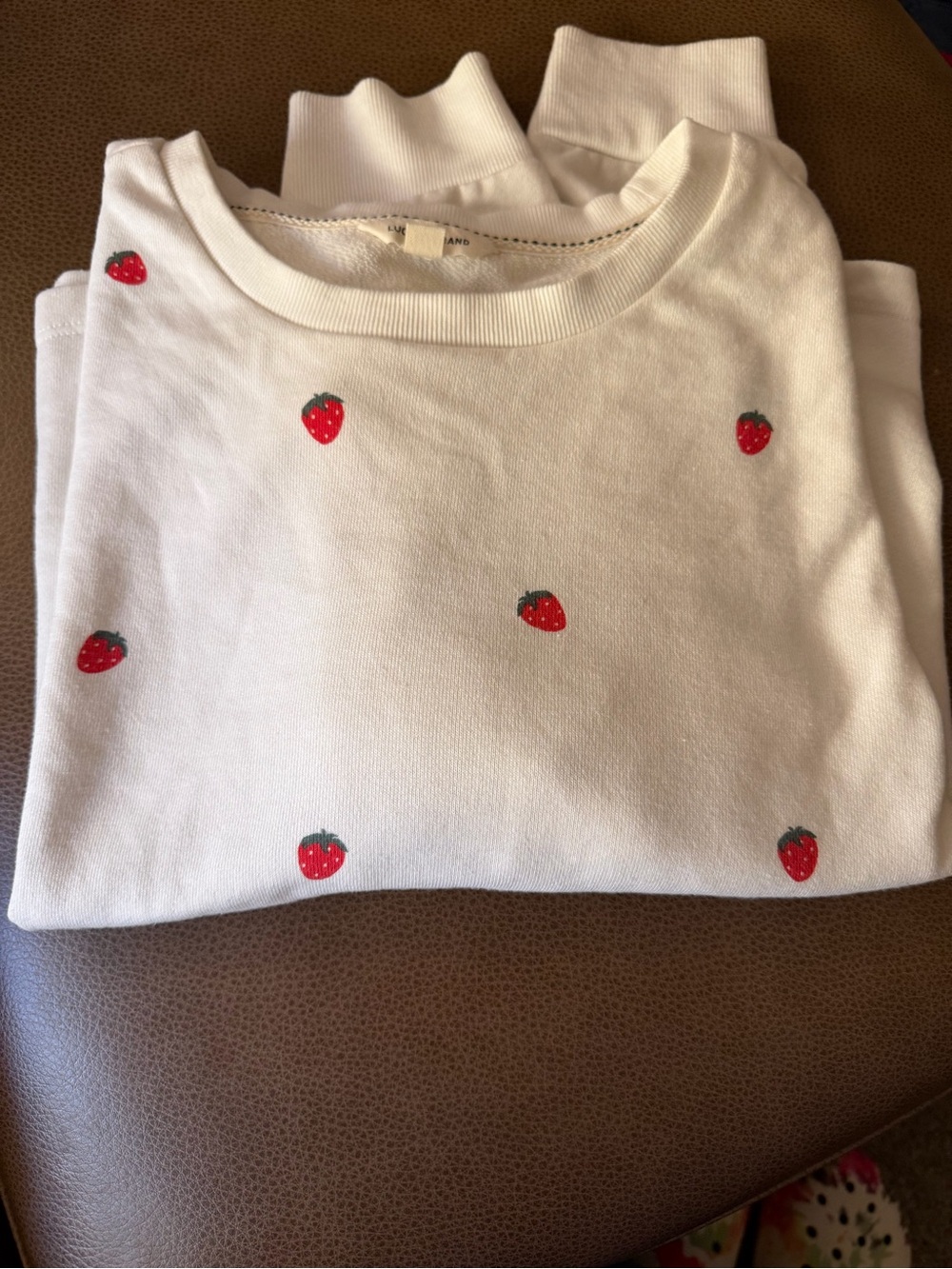 Lucky Brand women’s White French Terry Sweatshirt with Red Strawberry Embroidery
